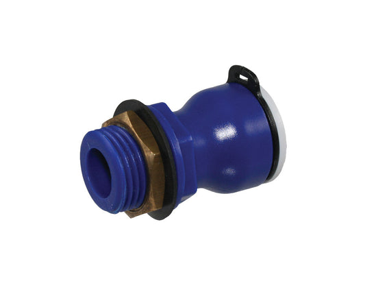 blå tankgjennomføring med kobberfarget mutter på hvit bakgrunn