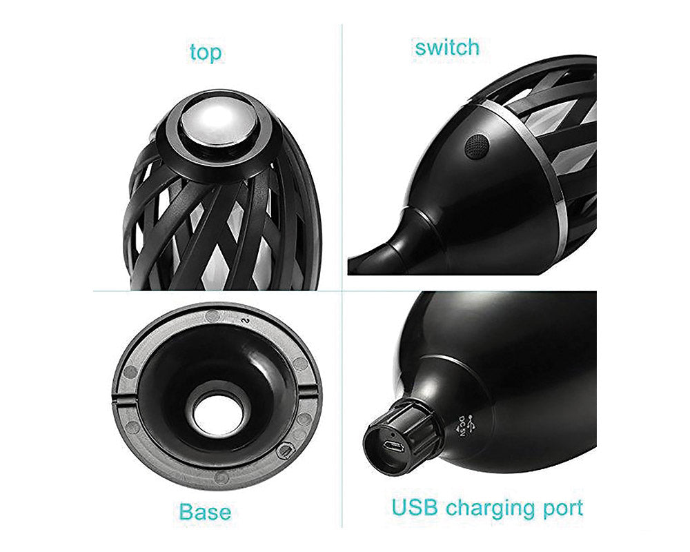 Apollo oppladbar LED lampe med varm stemningsbelysning til camping, hytte og terrasse vist fra ulike sider med usb port og base på hvit bakgrunn