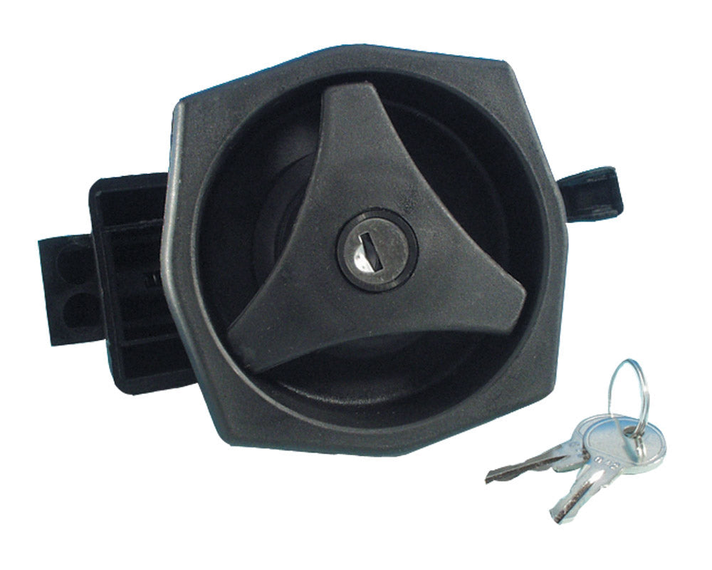 sort dørlås med sylinger og 2 nøkler vist på hvit bakgrunn