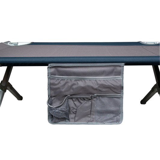 Doite Aluminium Pro campingseng med aluminiumsramme og oppbevaringslomme festet på sengen