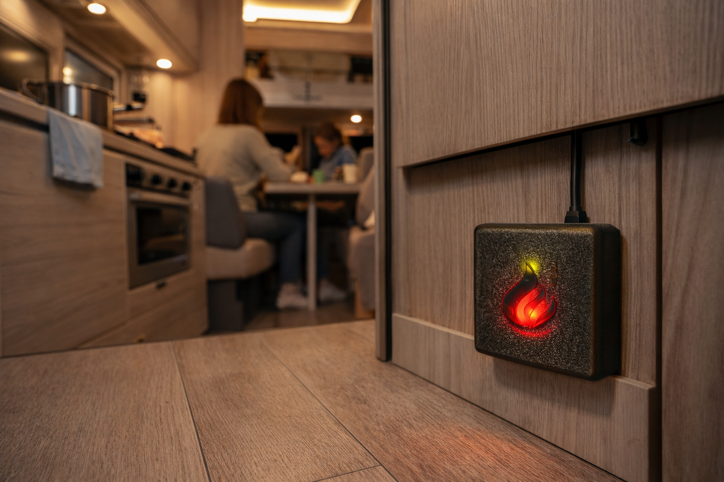 gas alarm mounted inside a modern motorhome near the floor, cozy motorhome interior, Scandinavian camping lifestyle, warm lighting, realistic photography