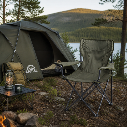 Campingstol plassert utenfor Doite-telt i norsk natur, perfekt for avslapning på telttur