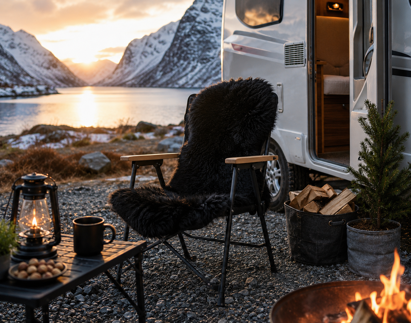 Sort Great Greenland lammeskinn på komfortstol ved bobil og leirbål i norsk fjellandskap ved vann.