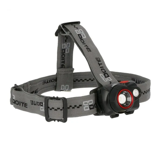 doite hodelykt med grå rem og sort  linse med rød ring på hvit bakgrunn