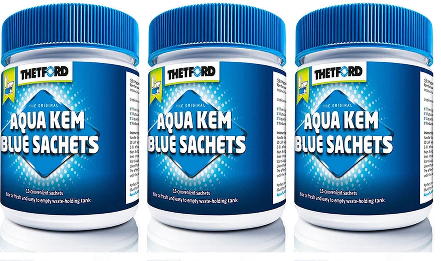 Forbrukspakke m/  Thetfords Aqua Kem  Blue Sachet 15 boks - Reisepakke for bobil og vogn,  3 stk av bestselgeren! - Hjem & Fritidsshoppen.no