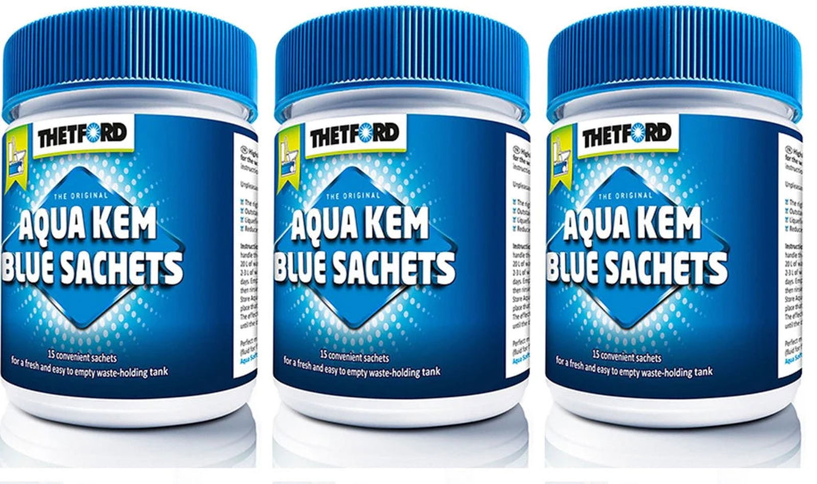 Forbrukspakke m/  Thetfords Aqua Kem  Blue Sachet 15 boks - Reisepakke for bobil og vogn,  3 stk av bestselgeren! - Hjem & Fritidsshoppen.no