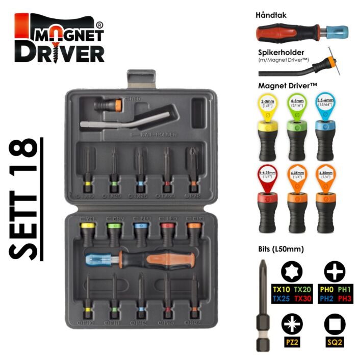 Magnet Driver Sett 18 - skrueholdere og bits i etui
