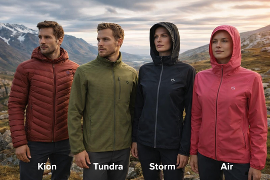 Miljøbilde av Doite turjakker: Kion dunjakke, Tundra softshell, Storm skalljakke og Air lett jakke – funksjonelle turjakker for fjellturer, camping og friluftsliv.