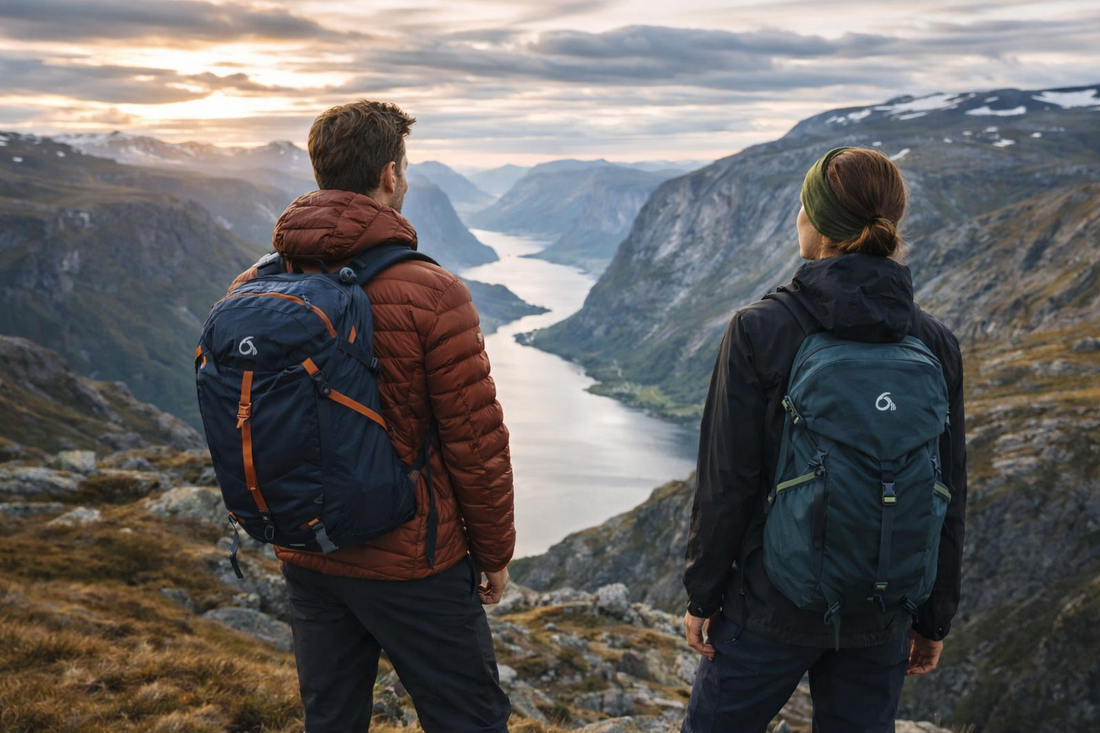Hikers overlooking a Norwegian fjord in doite jacket an backpacker