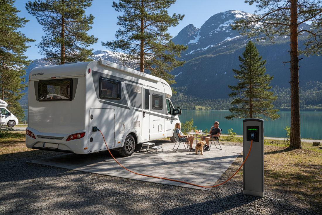 bobil plassert på en plass med fjord og fjellutsikt, med ladestolpe i bruk