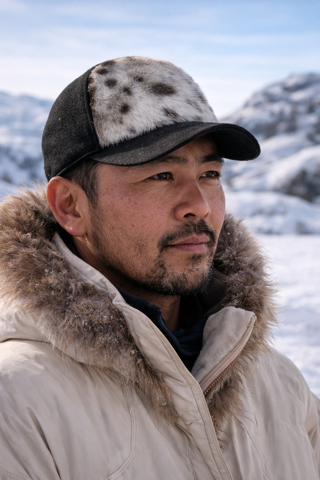 inuitt caps på mann i snødekt terreng
