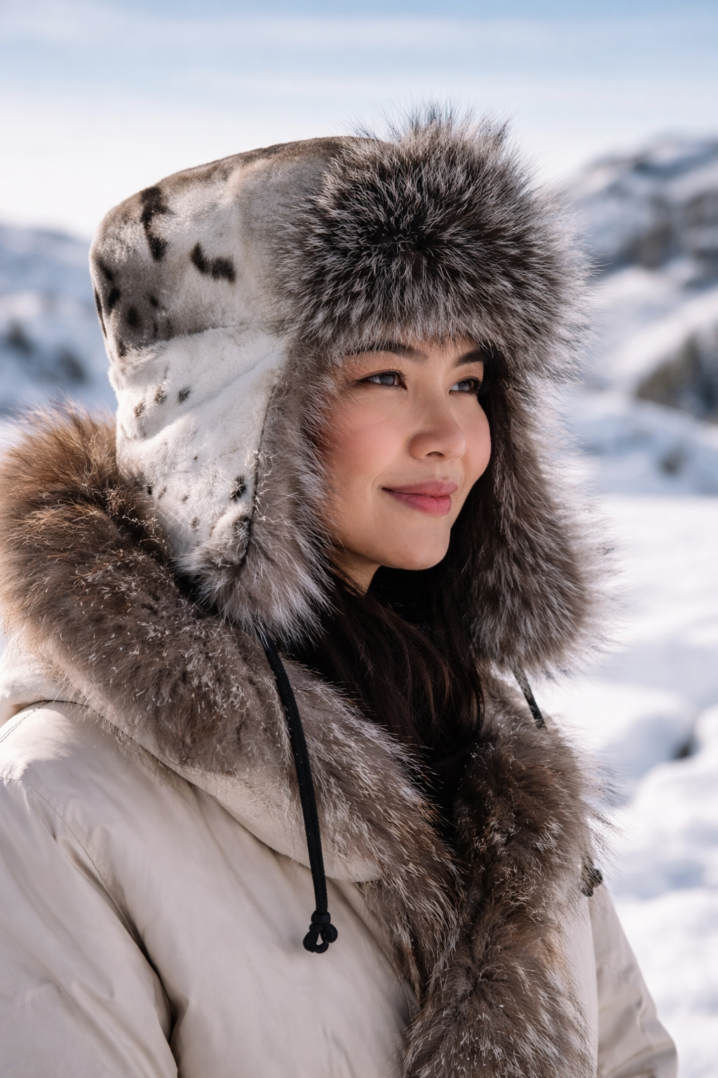 Grønlandslue i inuitisk selskinn brukt i vintermiljø med snø