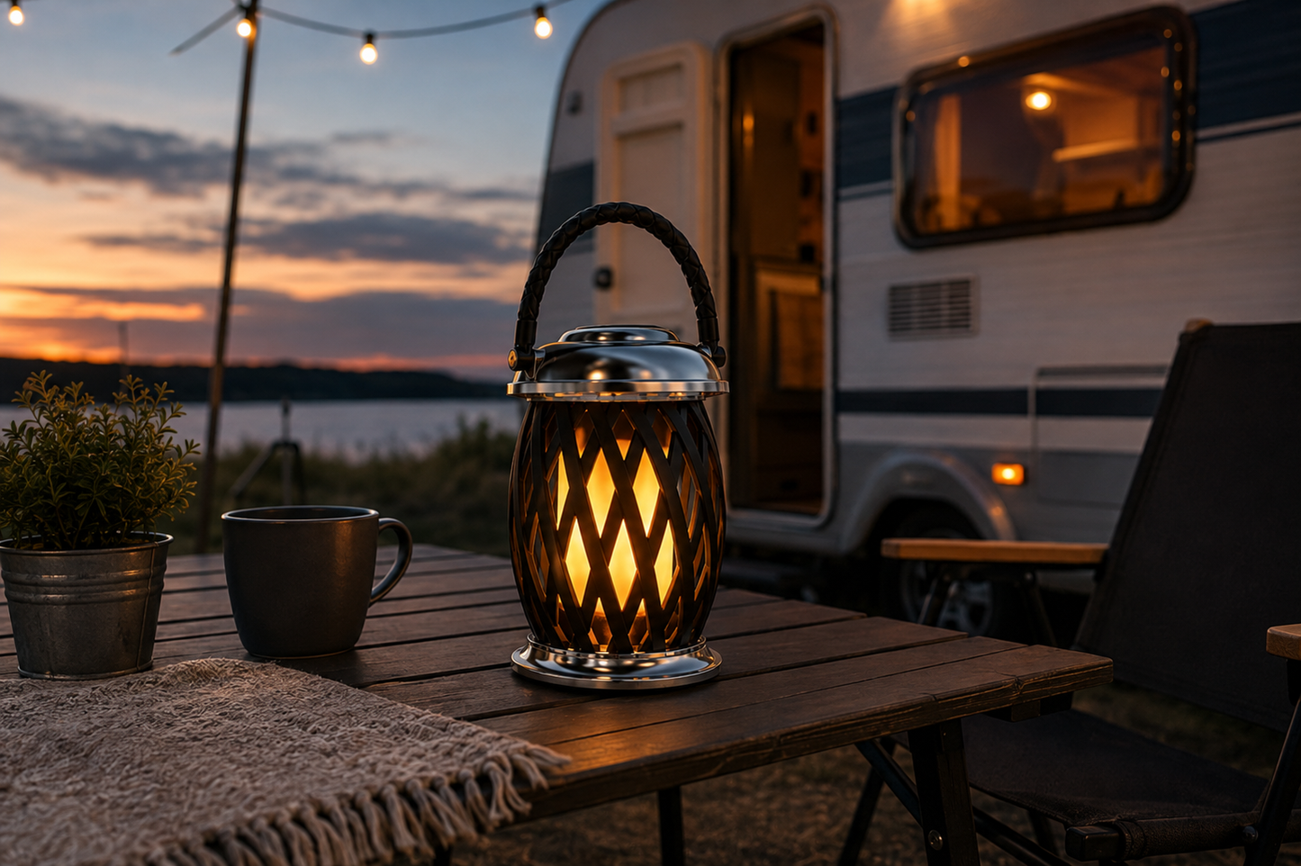 Ignis flammelampe LED med varmt flammelys på campingbord ved campingvogn i kveldssol