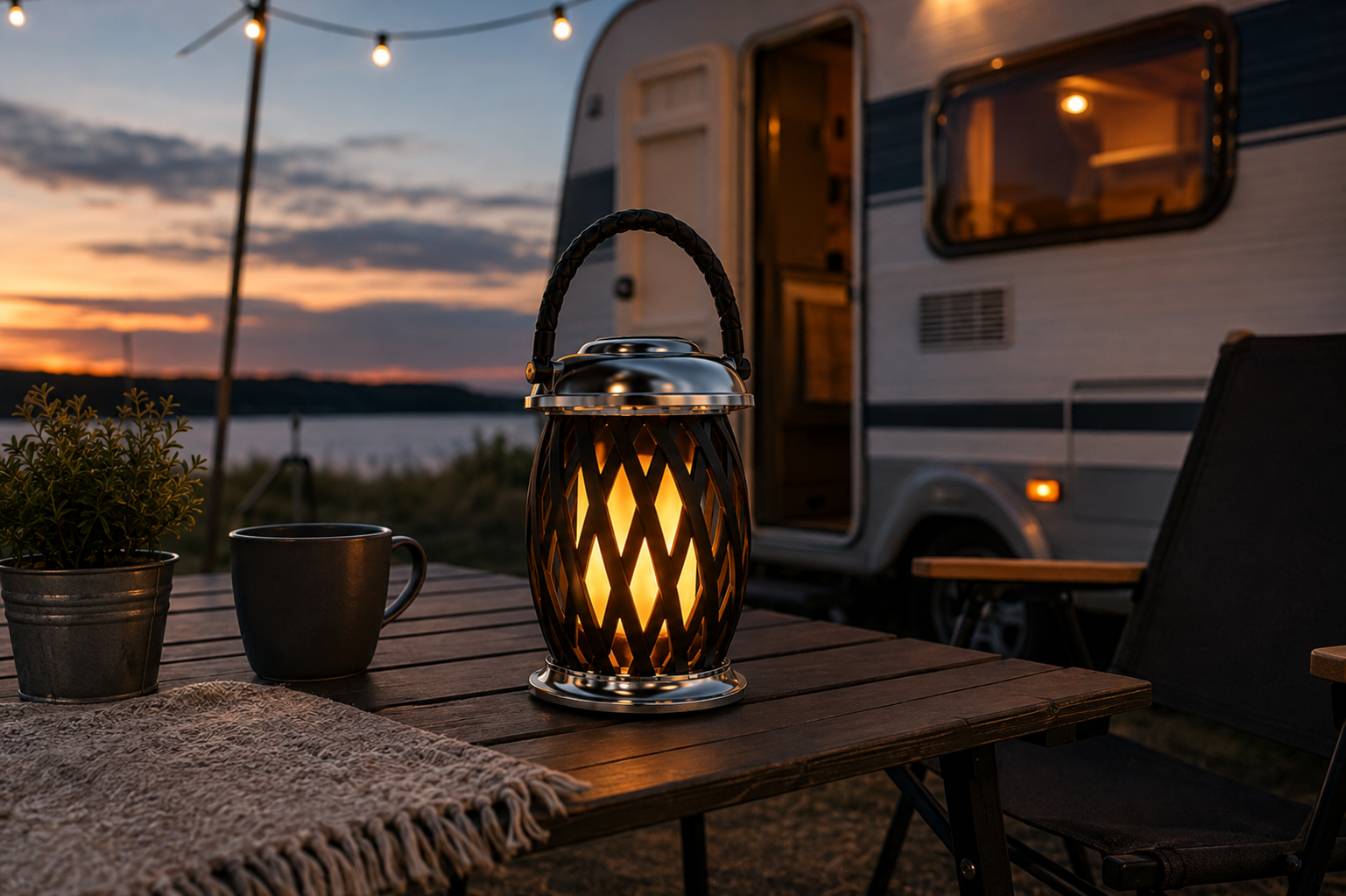 Ignis flammelampe LED med varmt flammelys på campingbord ved campingvogn i kveldssol