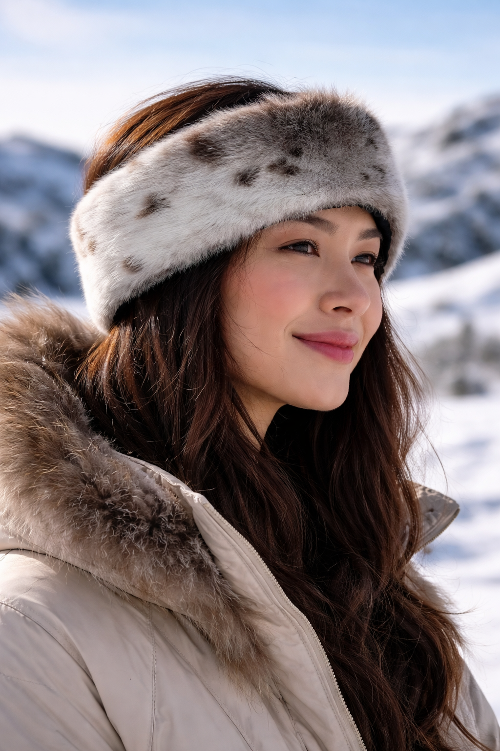 Nord pannebånd avnatur inuitisk selskinn – i bruk på en kvinne i snølanmdskap -  håndsydd vintertilbehør – Great Greenland