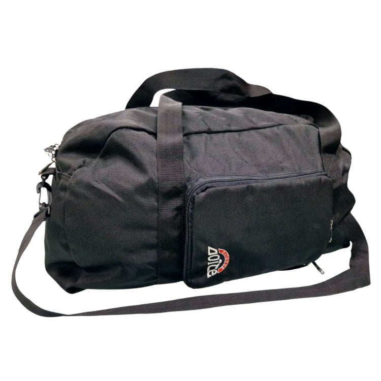 sammenleggbar bag fra doite i sort, men rød og hvit logo på hvit bakgrunn
