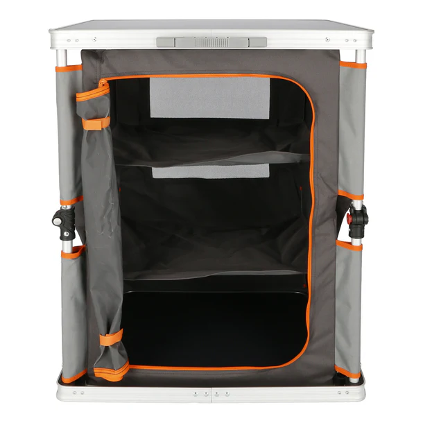 Doite Campingskap med aluminiumsramme, tre oppbevaringsrom og stabil arbeidsflate.