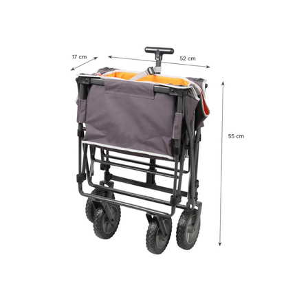 Doite Transportvogn sammenfoldet for transport med uttrekkbart håndtak, kraftig stålramme og fire robuste hjul.