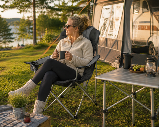 Doite Acorest campingstol for friluftsliv og fritid med en ung kvinne med solbrller sittende utenfor et fortelt på en bobil, 