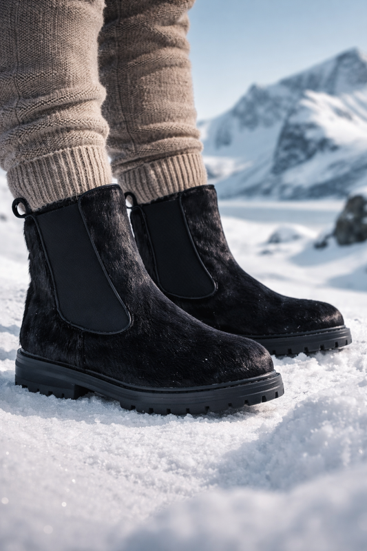 KIM støvel i sort inuitisk selskinn brukt i arktisk vintermiljø med snø - great greenland