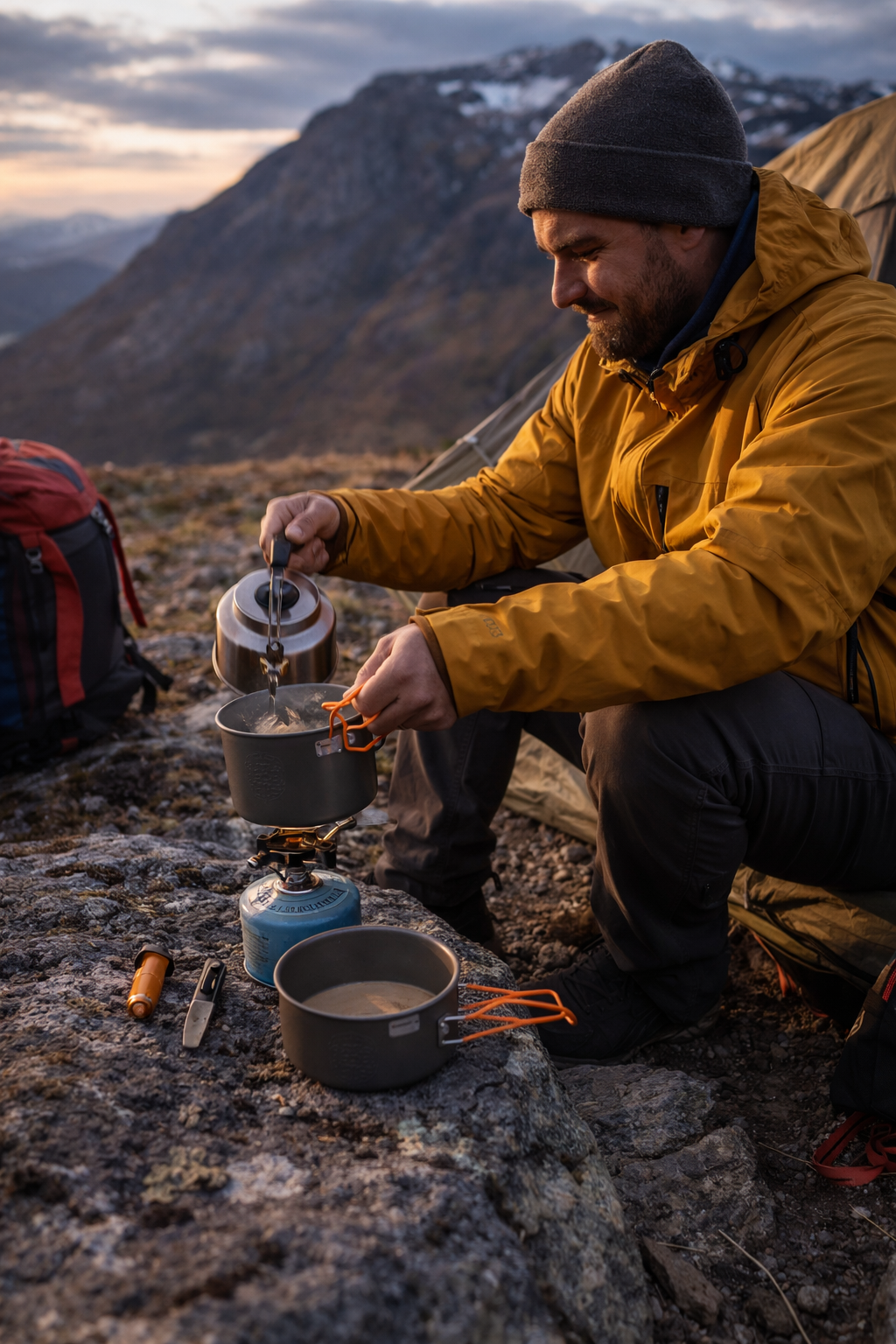 Doite Olla turkjøkken i bruk på fjelltur – mann lager kaffe på kompakt turkjøkken ved telt i norsk fjellnatur