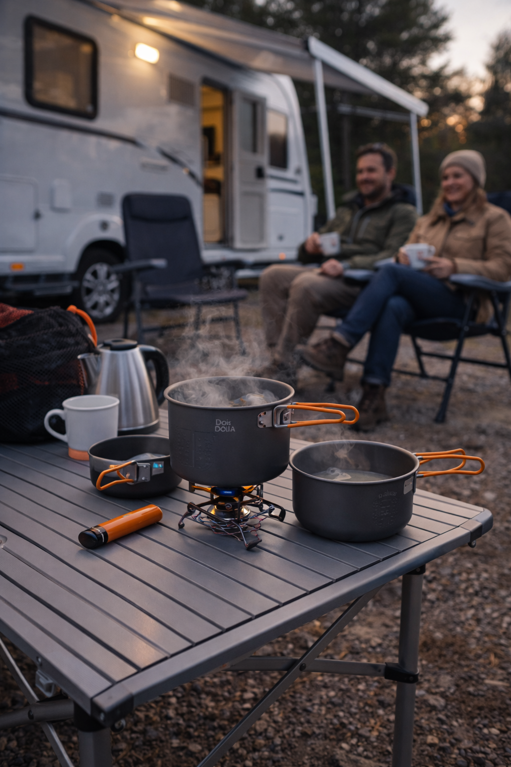 Campingkjøkken i bruk ved campingvogn – praktisk turkjøkken for matlaging på campingtur