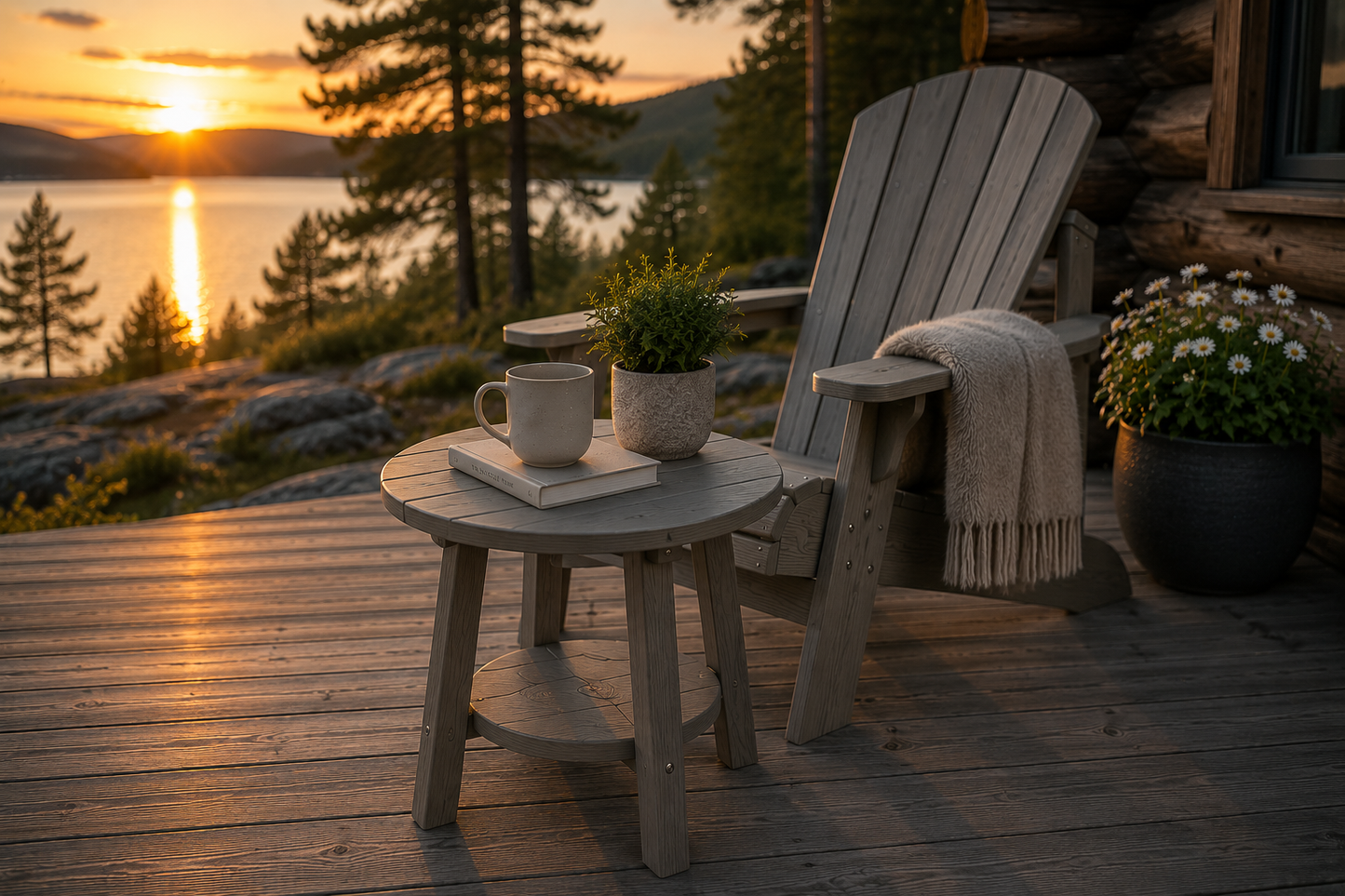 Canadian Outdoor Fair Valley Sidebord i sølvgrå HDPE med naturtro trestruktur på terrasse ved hytte