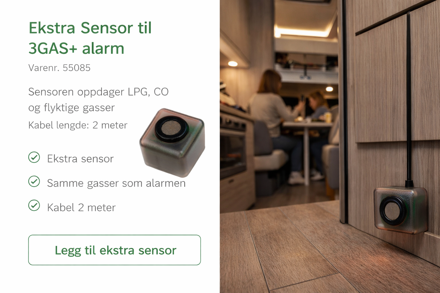 Ekstra sensor til gassalarm installert i bobil for økt sikkerhet på campingtur
