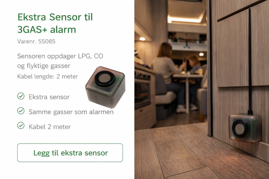 Ekstra sensor til gassalarm installert i bobil for økt sikkerhet på campingtur