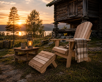 canadian outdoor stol og fotskammel med solnedgang ved en koselig stabbursvegg i bakgrunnen
