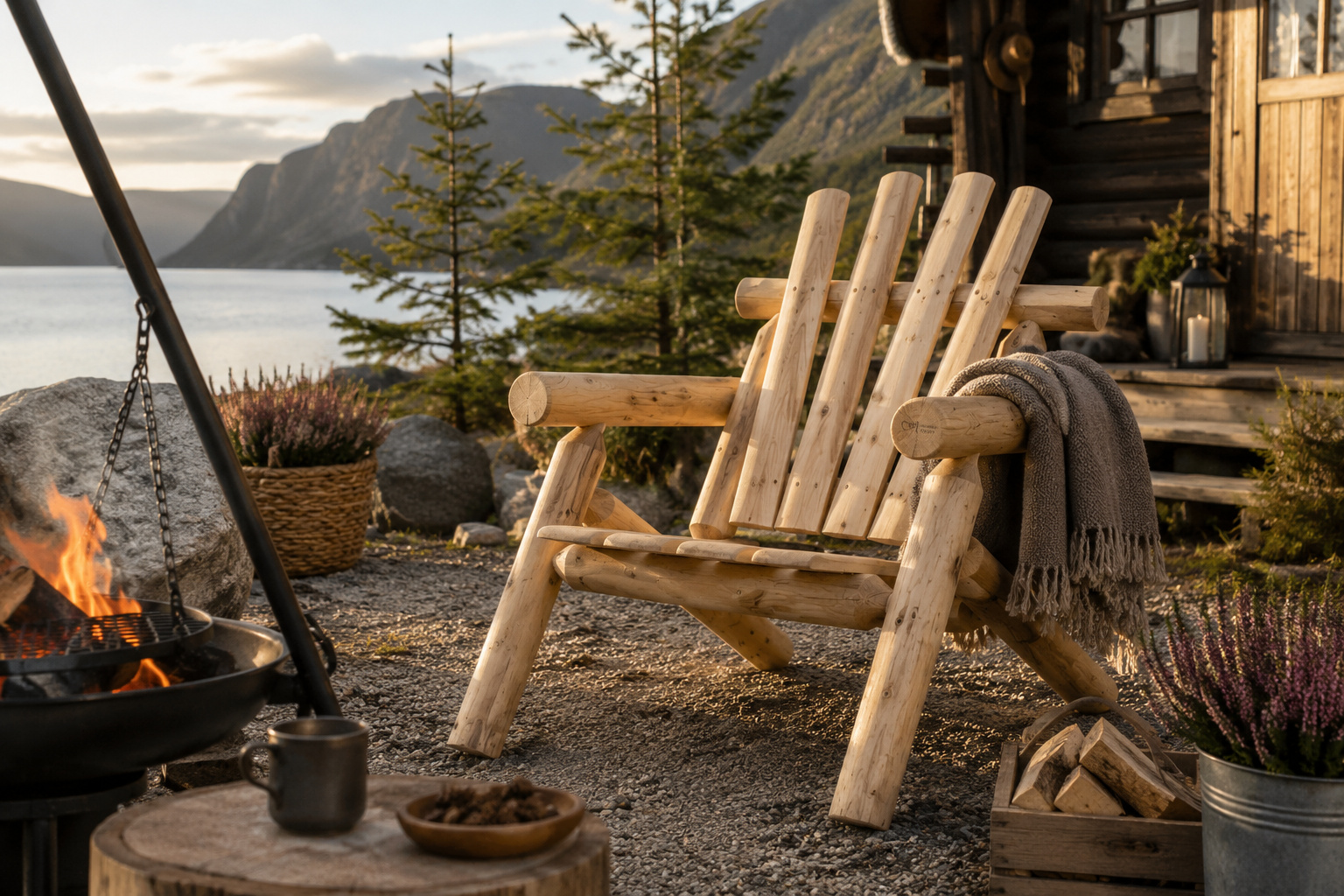 Canadian Outdoor Log Hagestol i sedertre ved norsk hytte med bålpanne og rustikt uterom