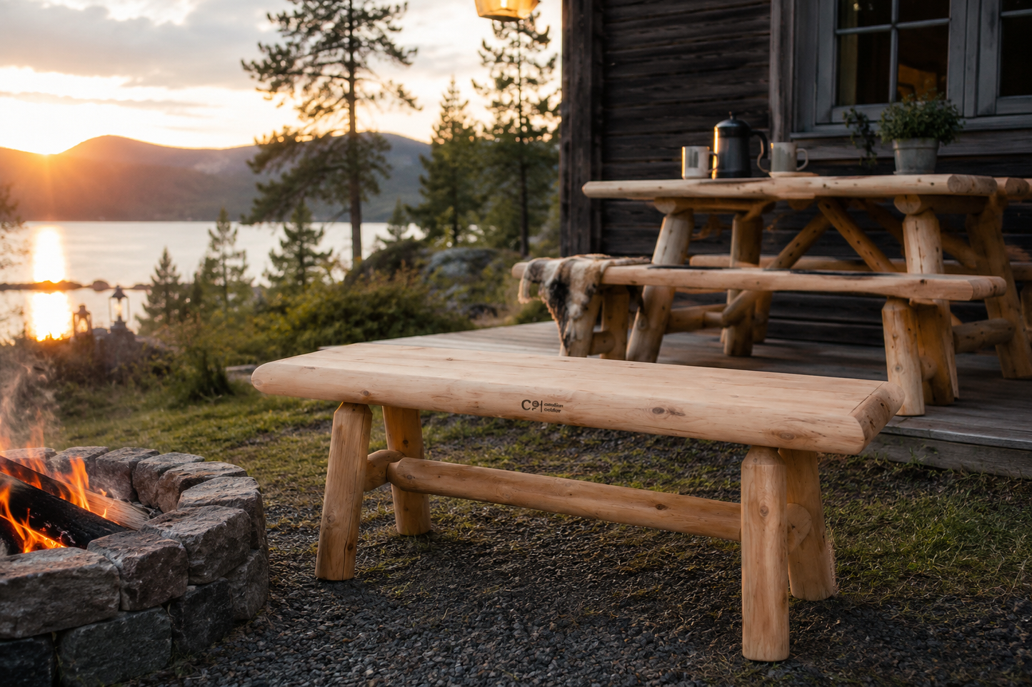 Canadian Outdoor Log Benk 120 i ubehandlet sedertre med rustikk rundstokkkonstruksjon for terrasse, hage og hytte.