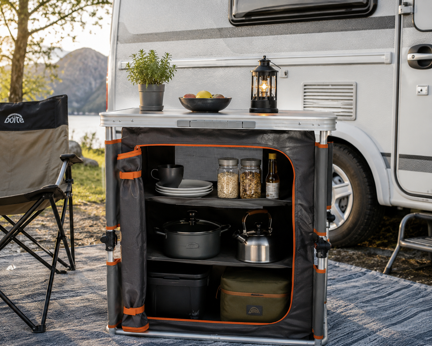 Doite Campingskap plassert i et fortelt ved en bobil med campingutstyr organisert på hyllene.