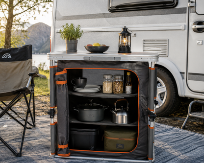 Doite Campingskap plassert i et fortelt ved en bobil med campingutstyr organisert på hyllene.