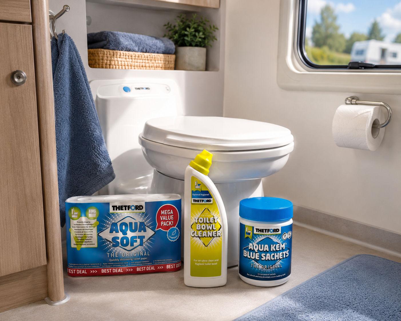 Thetford sanitærprodukter til campingtoalett i bobil og campingvogn – Aqua Soft toalettpapir, Toilet Bowl Cleaner og Aqua Kem Blue Sachets i lyst og moderne campingvognbad.