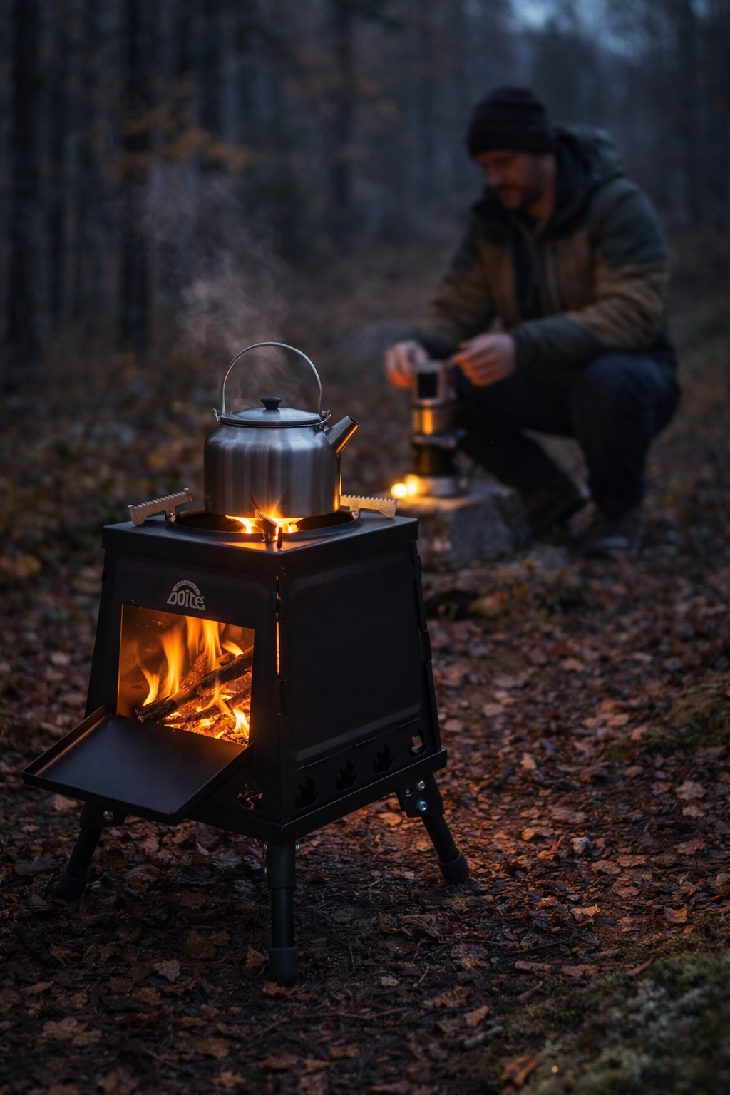 Doite sammenleggbar kvistbrenner i bruk på tur i skogen, med kaffekjele over flammen. Vedfyrt turgrill og kokestasjon for camping, friluftsliv og matlaging på tur.