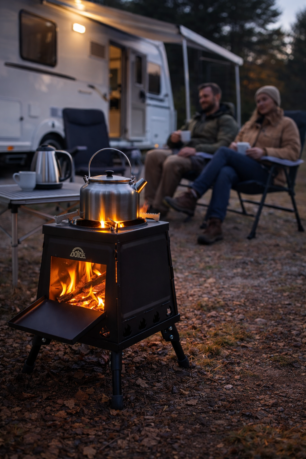 Doite kvistbrenner sammenleggbar i bruk på campingplass ved bobil, med kaffekjele over flammen i skogsmiljø under kveldscamping