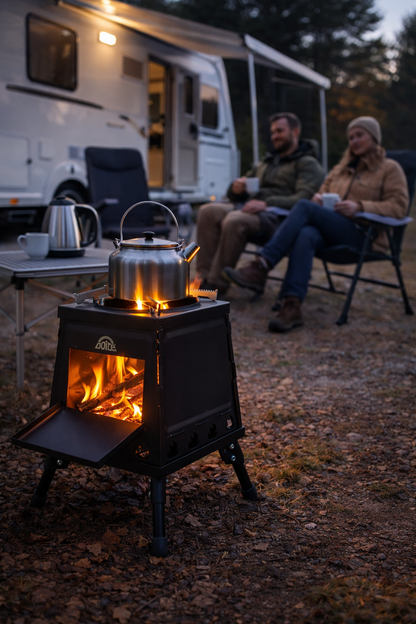 Doite kvistbrenner sammenleggbar i bruk på campingplass ved bobil, med kaffekjele over flammen i skogsmiljø under kveldscamping