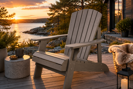 Canadian Outdoor Fair Valley Hagestol i sølvgrå HDPE med klassisk Adirondack-design på terrasse ved hytte
