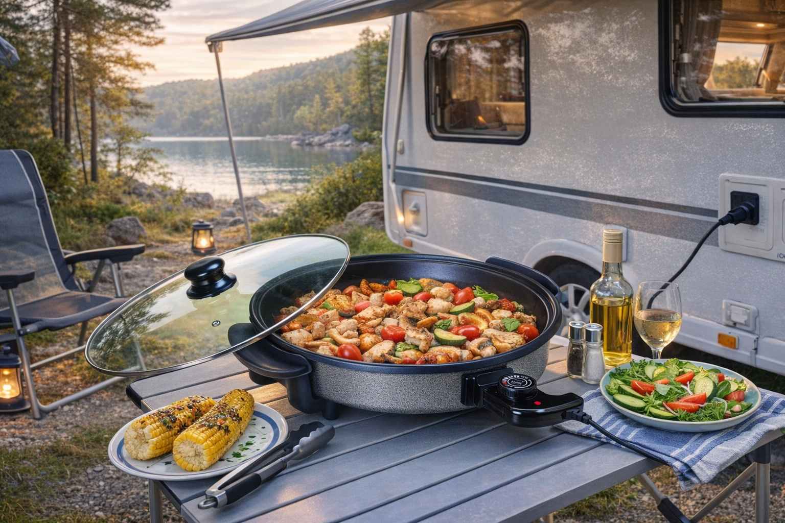 Elektrisk stekepanne Homeline 40 cm i bruk utenfor campingvogn – perfekt til matlaging på camping og bobil

