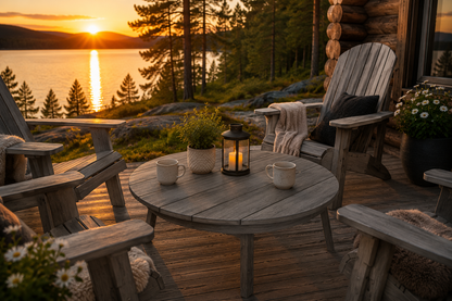 Canadian Outdoor Fair Valley Hagebord på hytteveranda med Adirondack-stoler og utsikt over innsjø i kveldssol