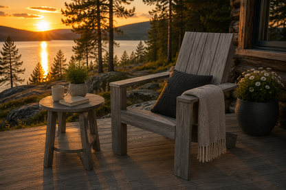 Canadian Outdoor Spring Bay Hagestol på eksklusiv hytteveranda ved innsjø i kveldssol med utsikt over norsk natur