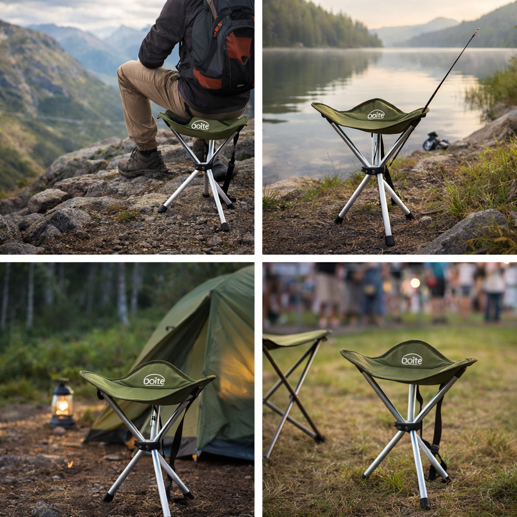 Doite tripod stol i ulike miljøer, her på fjelltur, på fisketur ved et vann, på telt tur og på festival