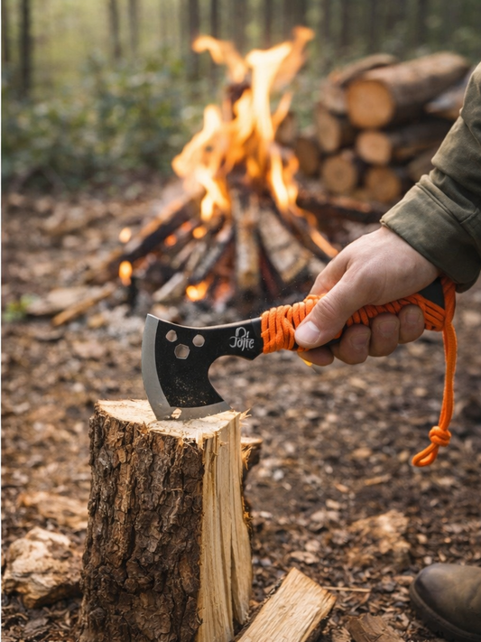 Doite øks i bruk foran et bål