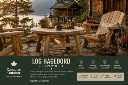 log hagebord i hyttelmiljø ved en sjø, bildet har informasjon om bordets ml, etc
