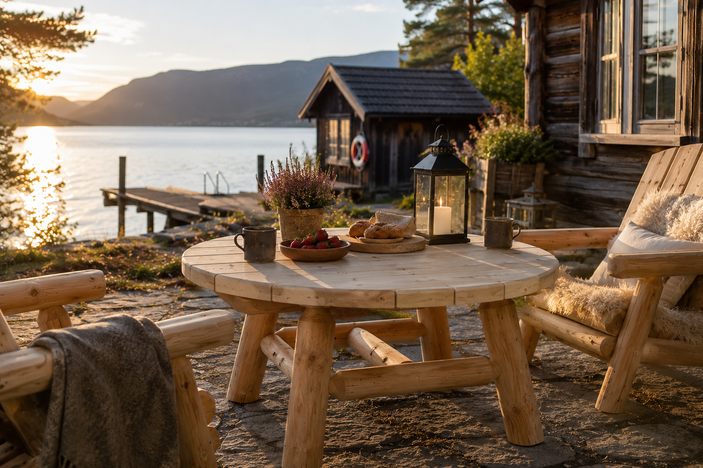 Canadian Outdoor Log hagebord i sedertre på terrasse ved norsk hytte og stabbur i kveldssol