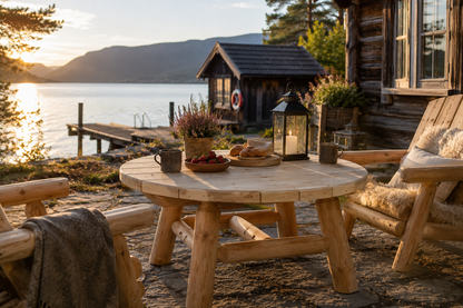 Canadian Outdoor Log hagebord i sedertre på terrasse ved norsk hytte og stabbur i kveldssol