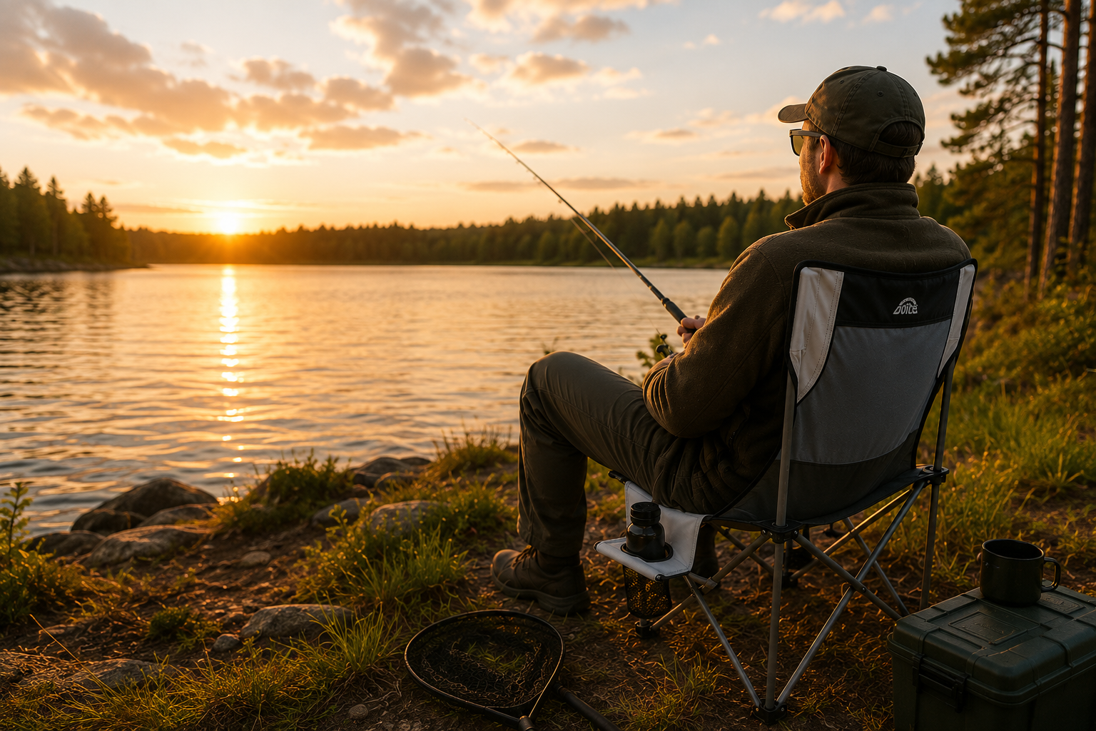 Mann på fisketur sitter i Doite Lagoon campingstol ved vannet i kveldssol
