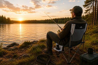 Mann på fisketur sitter i Doite Lagoon campingstol ved vannet i kveldssol