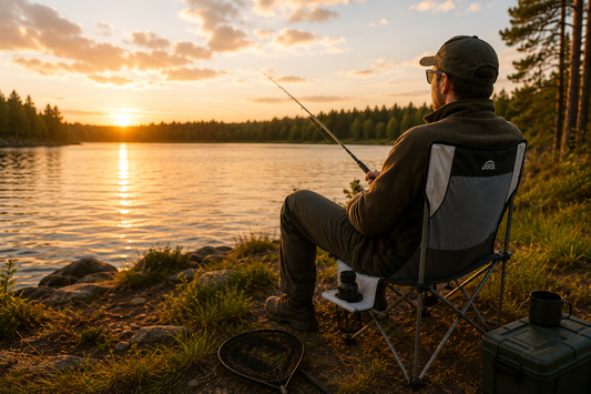 Mann på fisketur sitter i Doite Lagoon campingstol ved vannet i kveldssol